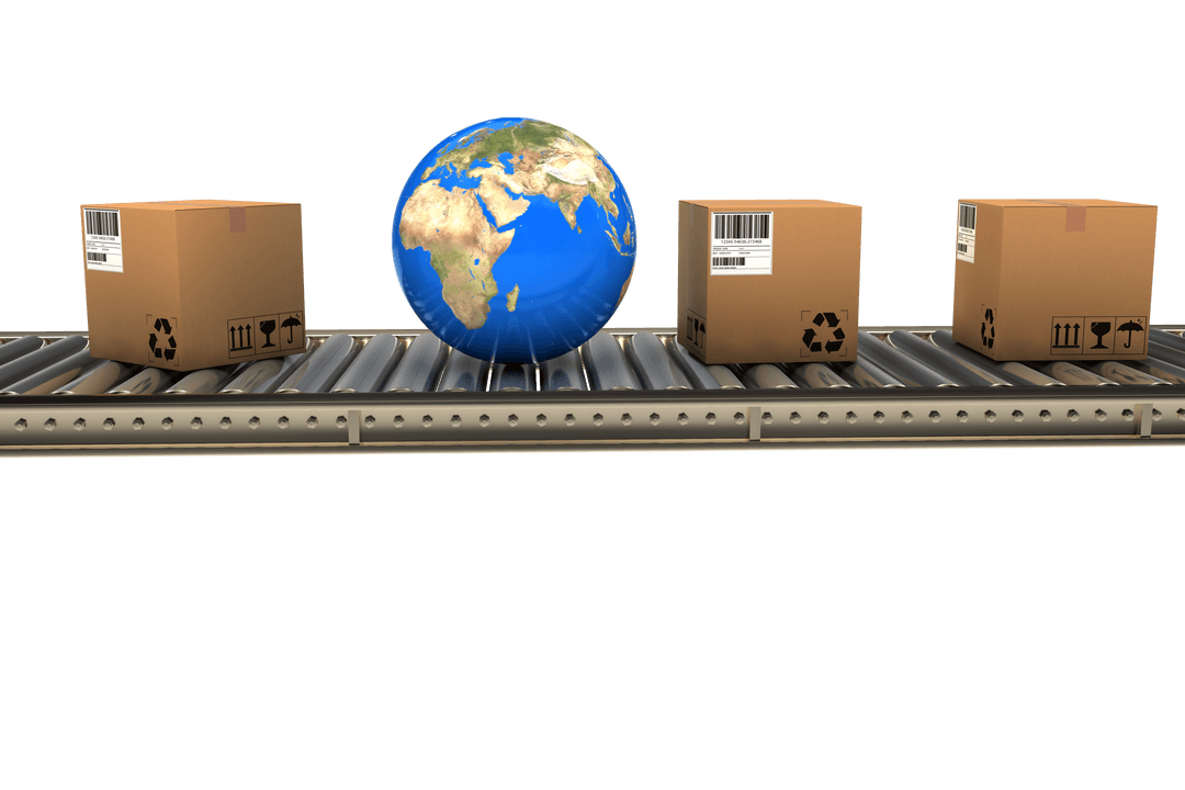 Transparent Globe and Cardboard Boxes on Conveyor Belt