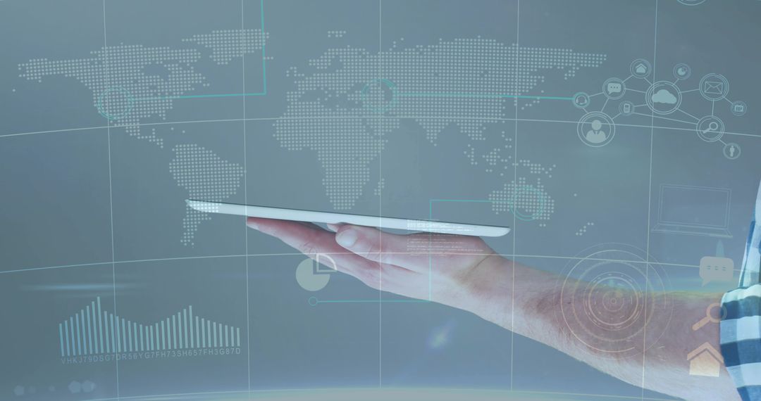 Hand holding tablet with holographic world map and digital analytics for global business