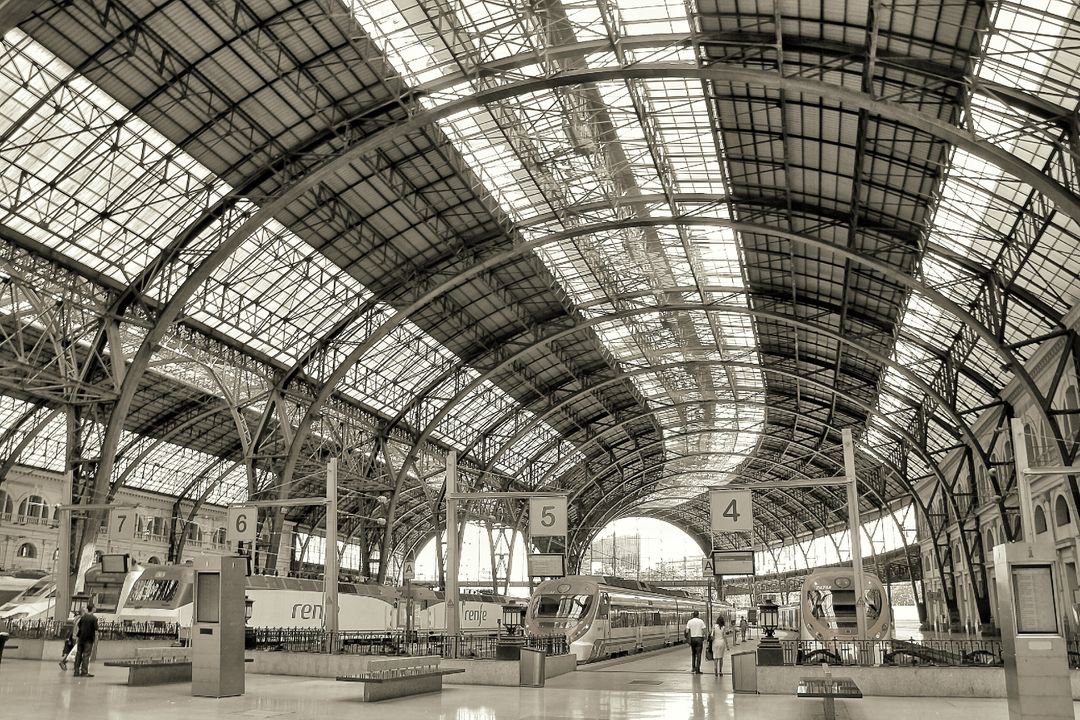 Grand Architecture of a Modern Train Station in Black and White - Free Images, Stock Photos and Pictures on Pikwizard.com