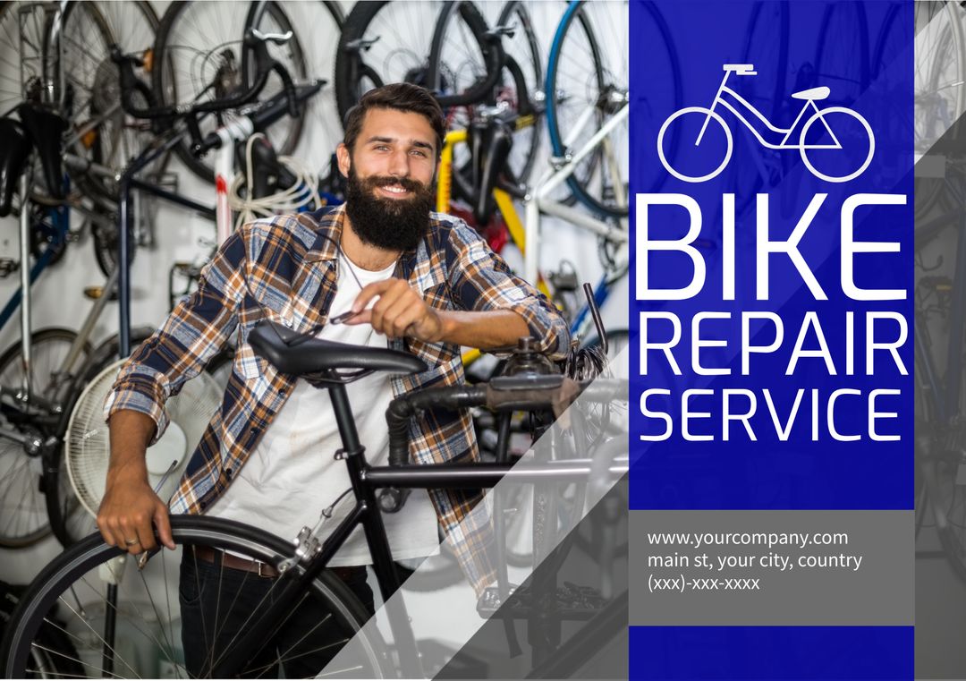 Smiling Bike Mechanic with Bicycle in Repair Shop, Promoting Trust in Professional Service