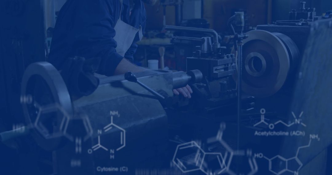 Machinist Adjusting Lathe Chuck with Chemical Overlay