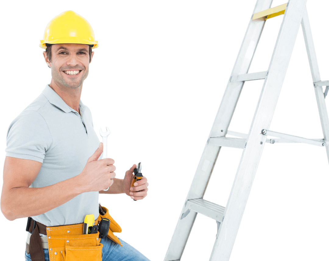 Technician in Hard Hat with Wrench Giving Thumbs Up Transparent