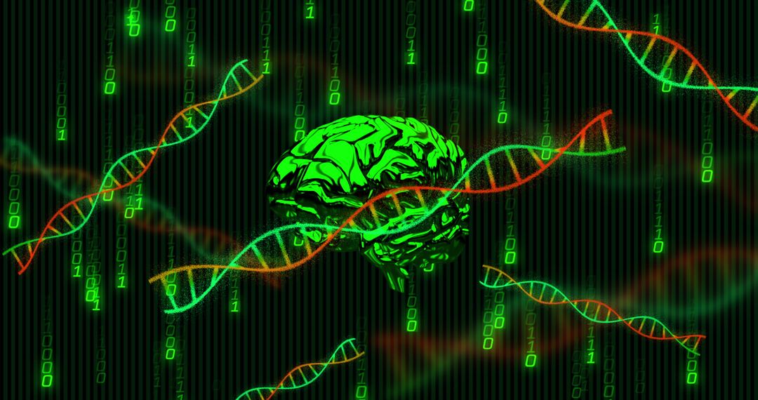 Binary code brain with dna strands on digital background concept