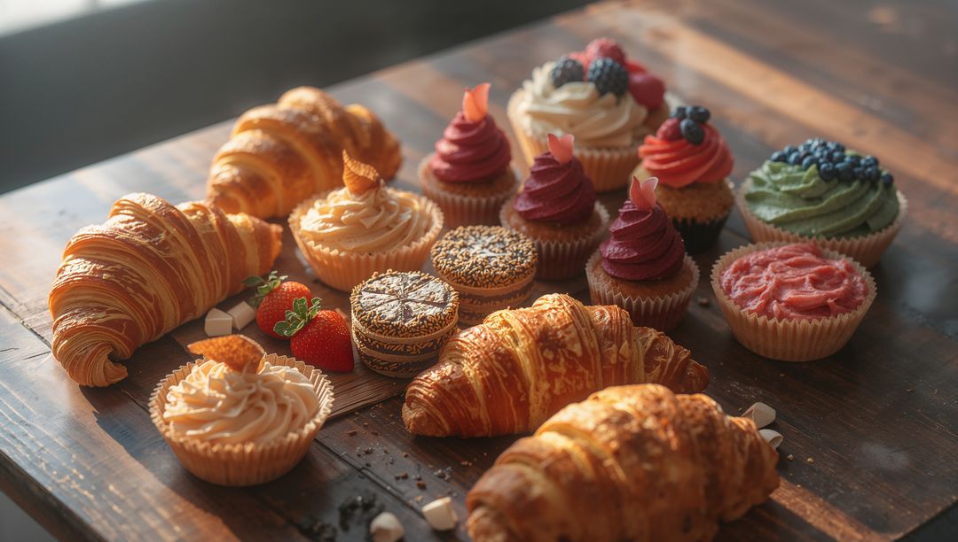 Assorted Pastries on Rustic Table Highlighting Breakfast Indulgence