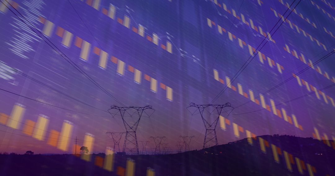 Financial Data Visualizations Overlaying Electricity Pylons