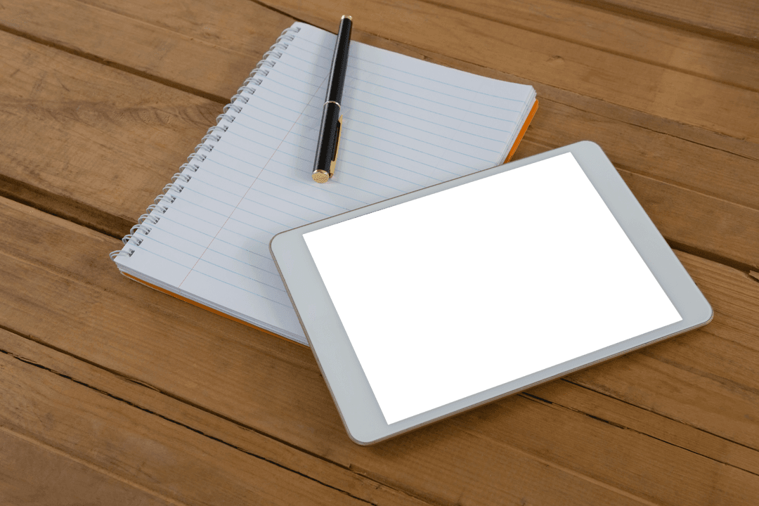 Transparent Notepad with Pen and Tablet on Wooden Table