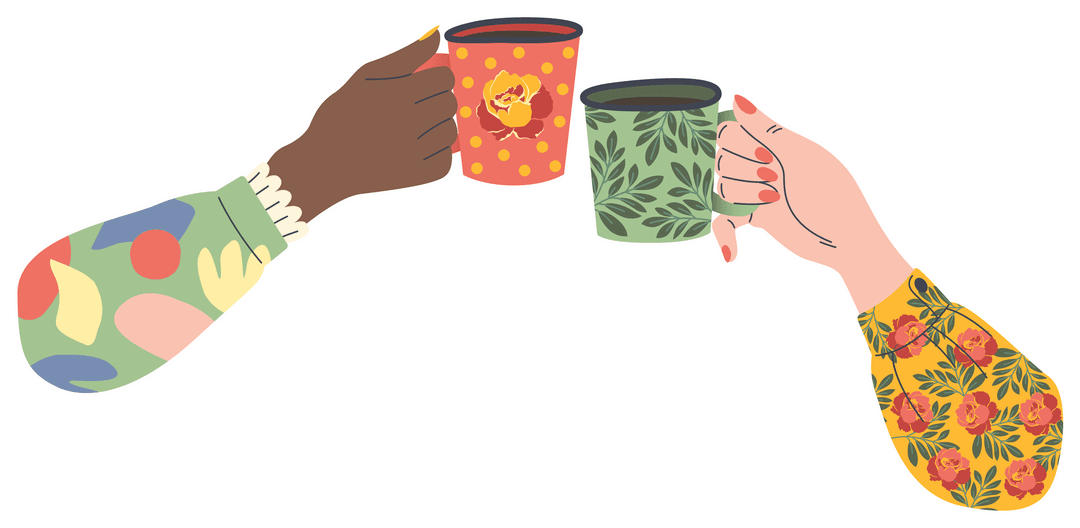 Diverse Women's Hands Holding Colorful Tea Cups on Transparent