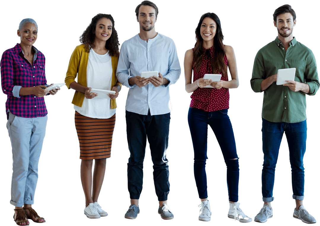 Transparent Group of Diverse People Holding Tablets Smiling