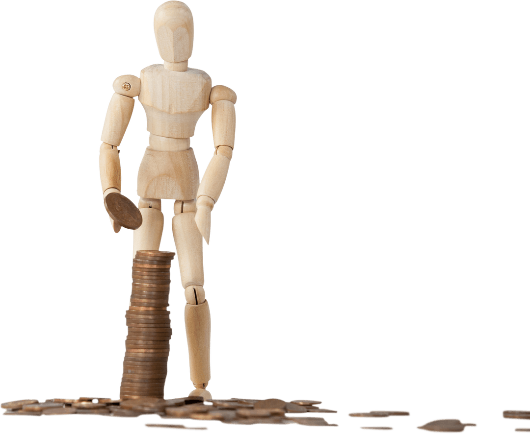 Wooden Mannequin Building Coin Stack on Transparent Background