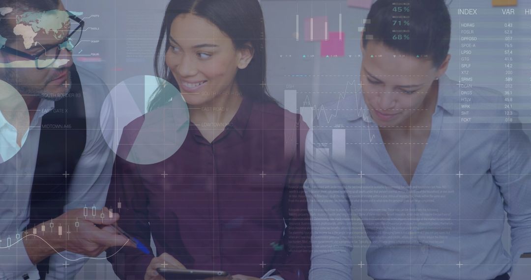 Diverse business team analyzing statistical data with technology