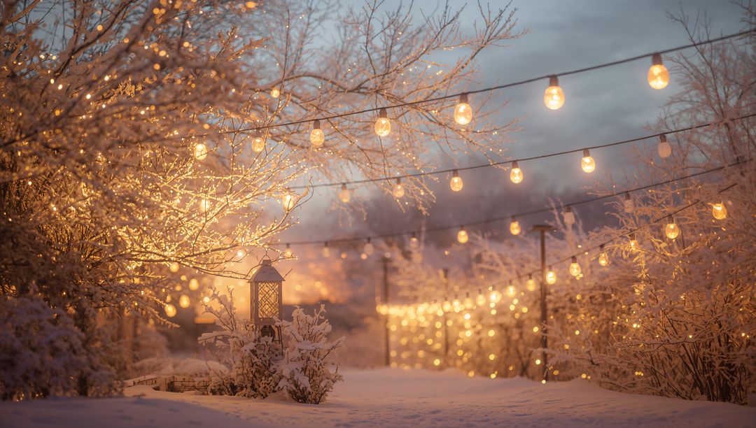 Golden String Lights Over Snowy Garden Path at Dusk Creating Cozy Warm Glow