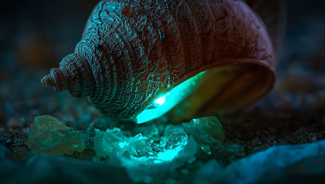 Glowing Spiral Seashell Emitting Teal Light on Damp Sand with Crystalline Shards Macro