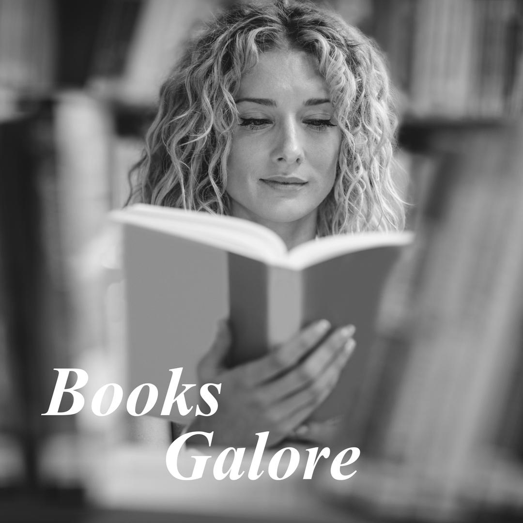 Composite of books galore text over caucasian woman reading book from ...