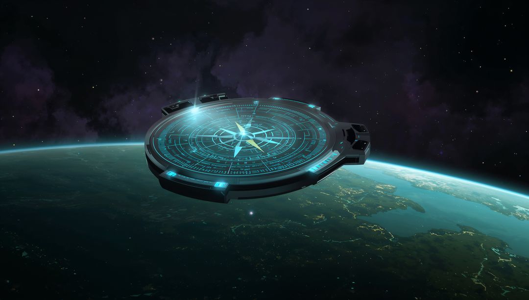 Futuristic Holographic Compass Display in Space Above Planet