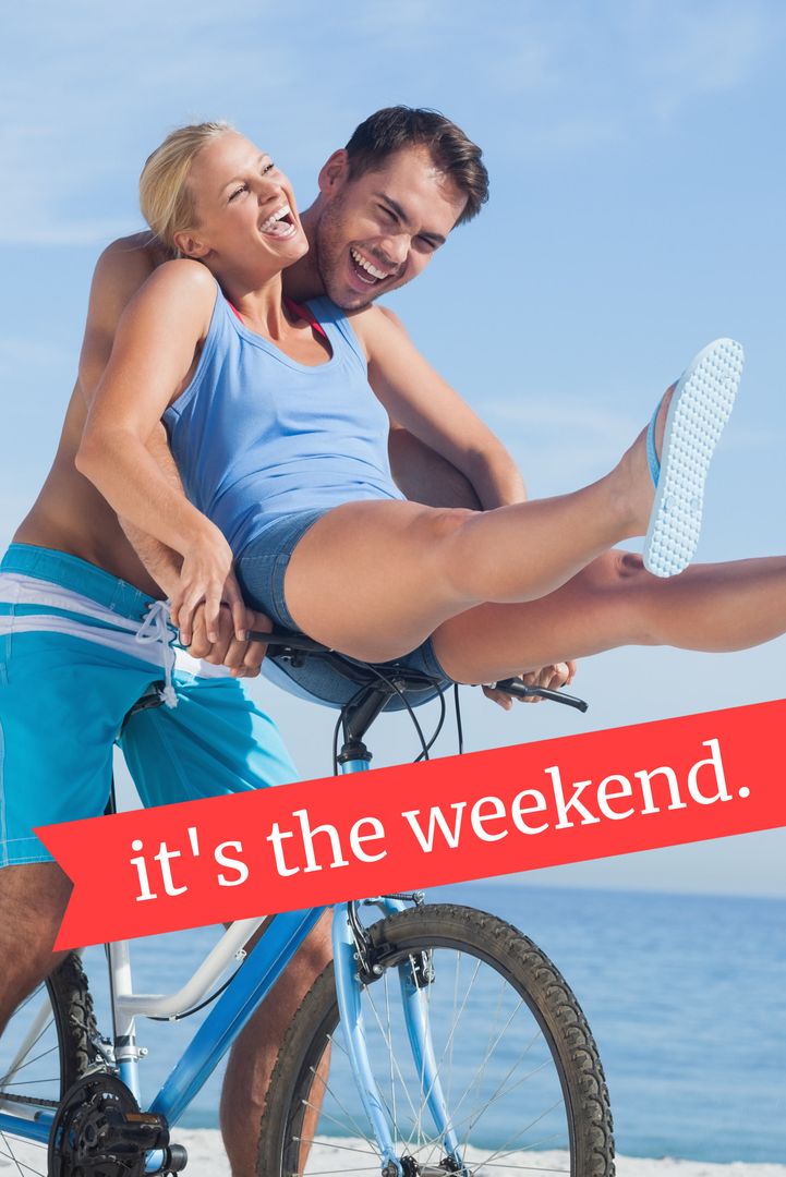 Joyful Couple Enjoying Weekend Bike Ride at Beach