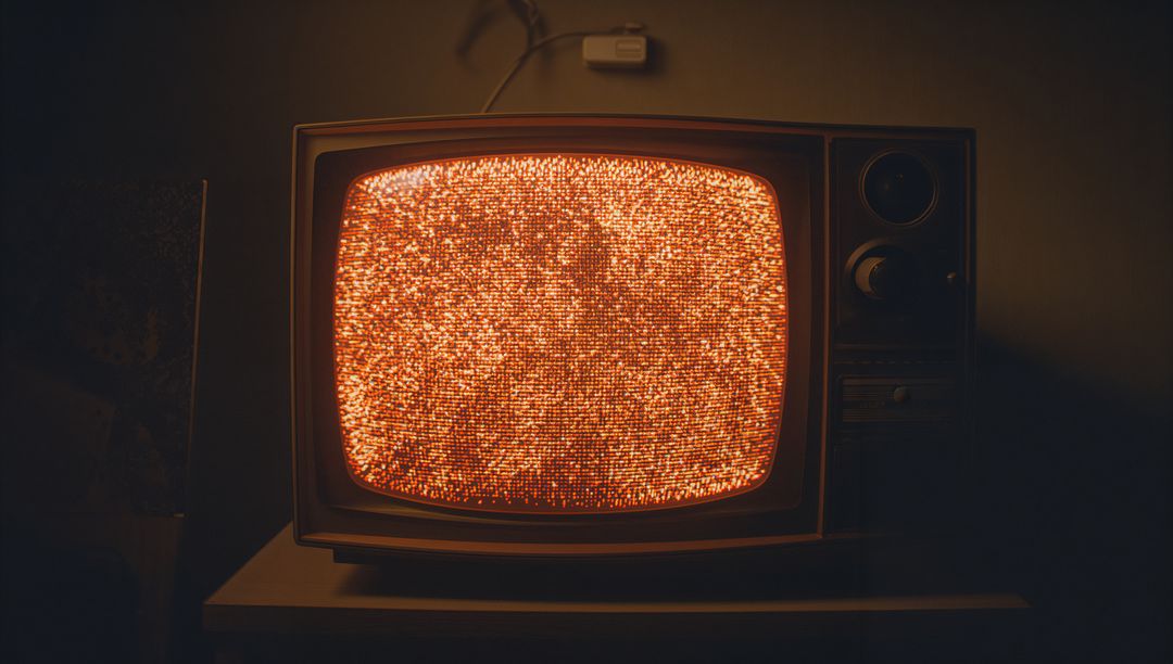 Vintage CRT Television Displaying Orange Static in Dimly Lit Den