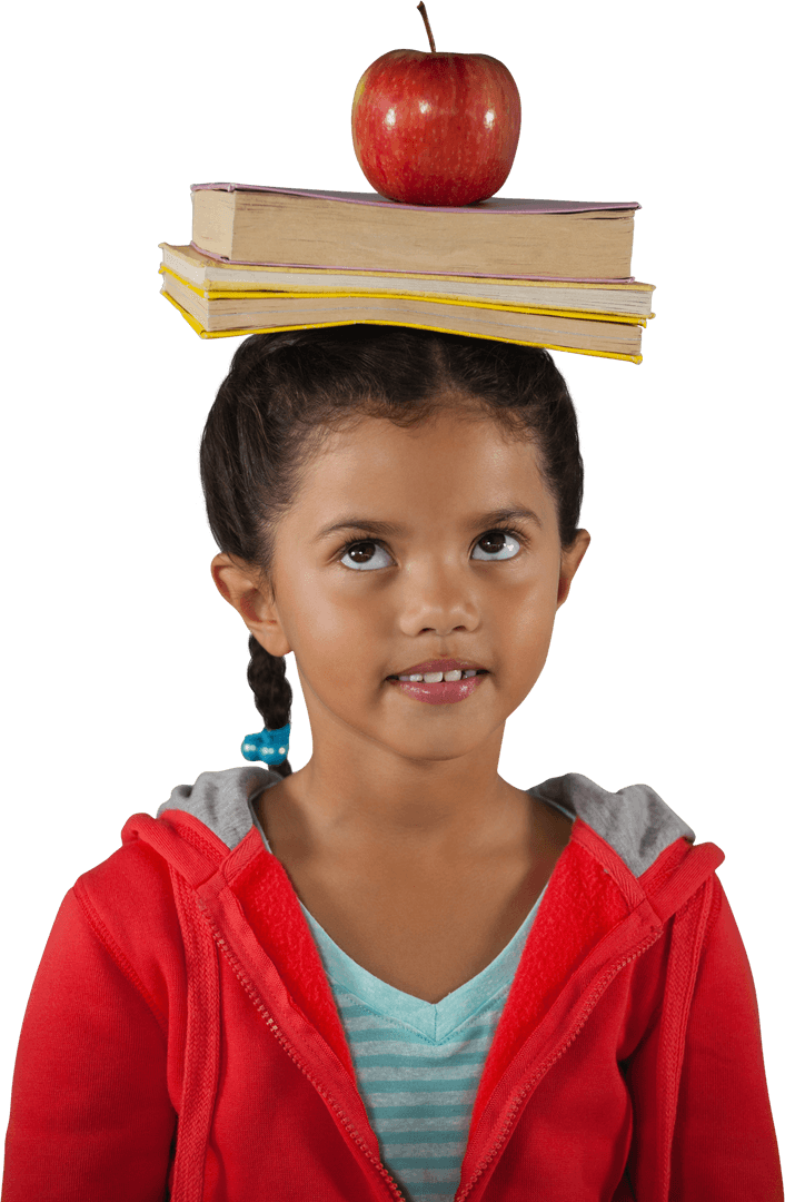 Transparent Girl Balancing Books and Apple on Head