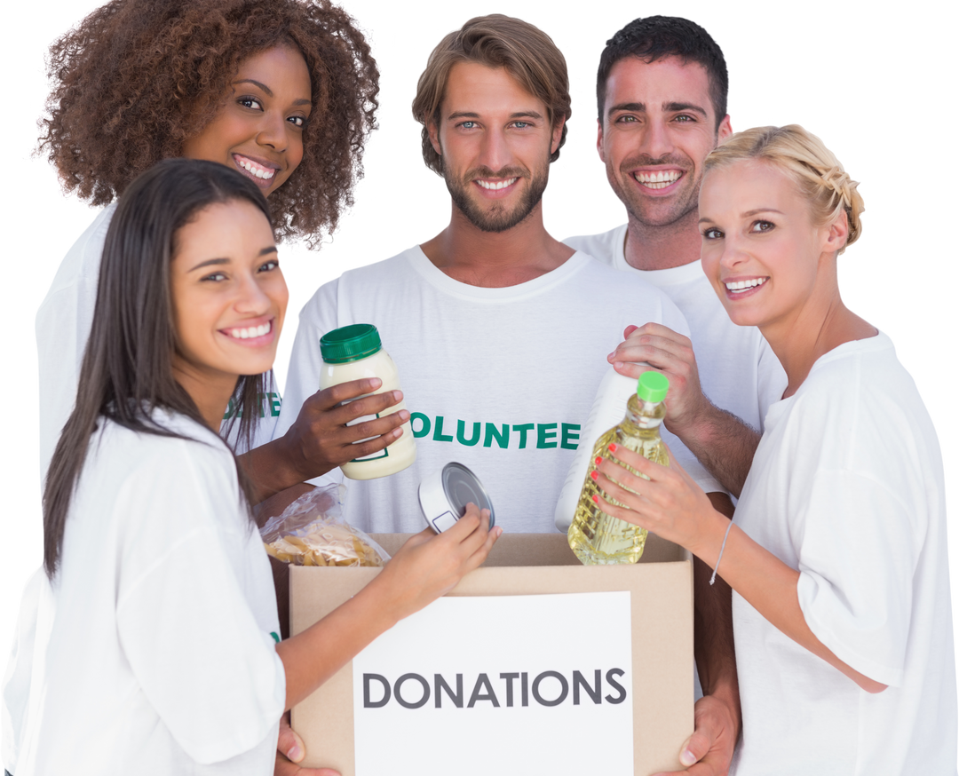 Smiling Group of Volunteers Loading Food into Transparent Donation Box - Download Free Stock Images Pikwizard.com