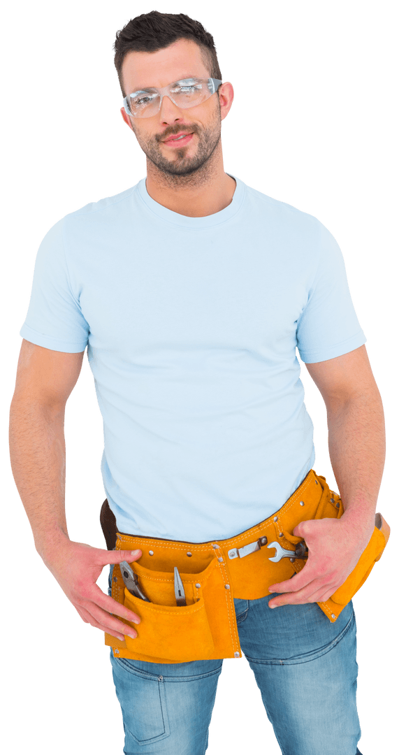 Smiling Handyman with Tool Belt on Transparent Background