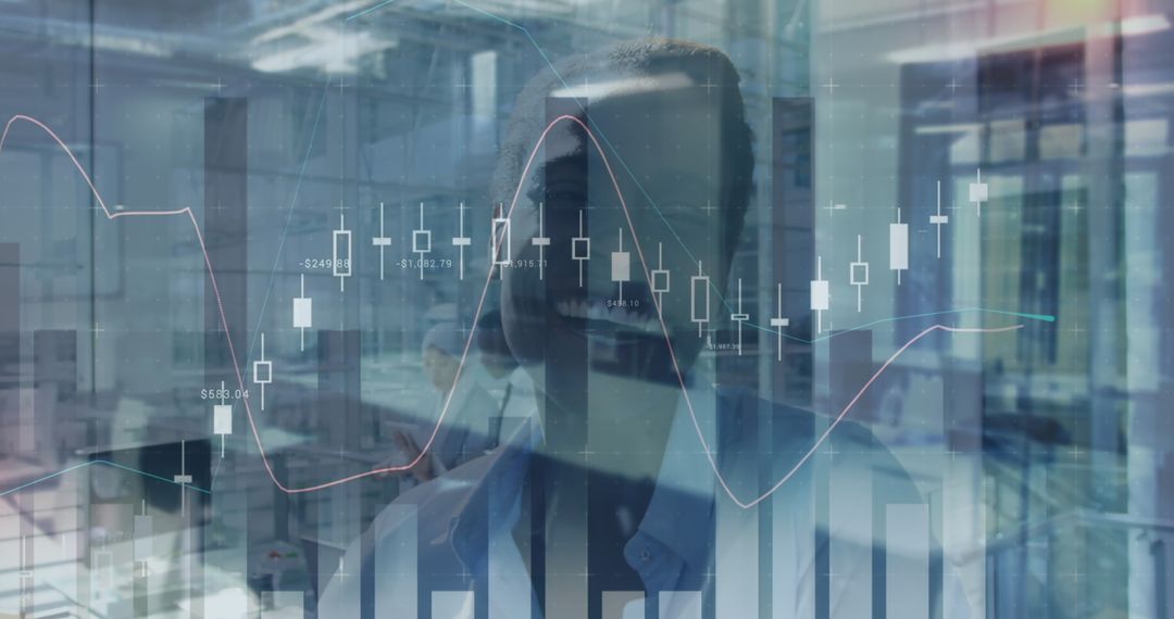 Smiling Businesswoman with Financial Graphs in Modern Office Environment