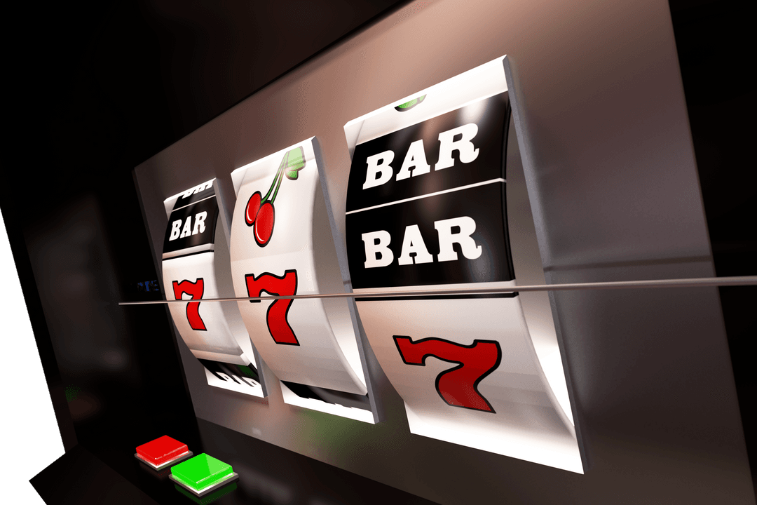 Lively Slot Machine Spinning with BAR and Number Seven in Casino