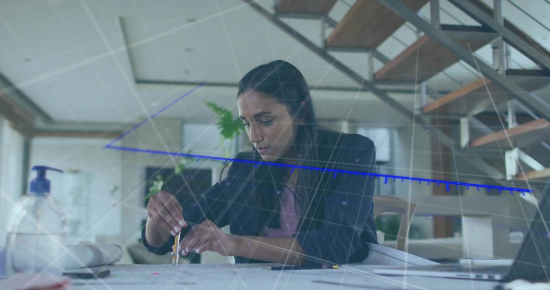 Female Designer Sketching with Compass in Modern Workspace