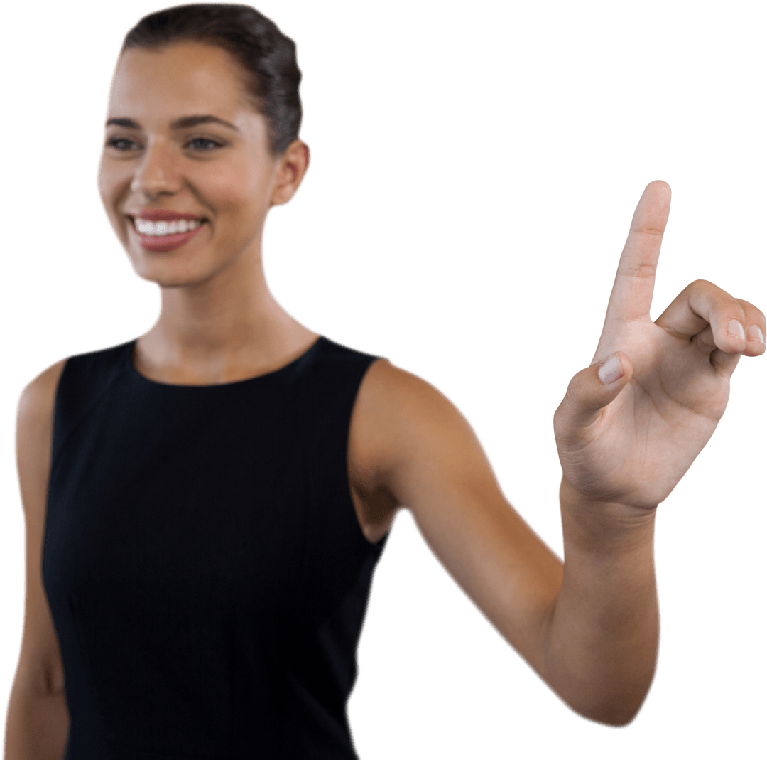 Smiling Businesswoman Interacting with Transparent Virtual Interface