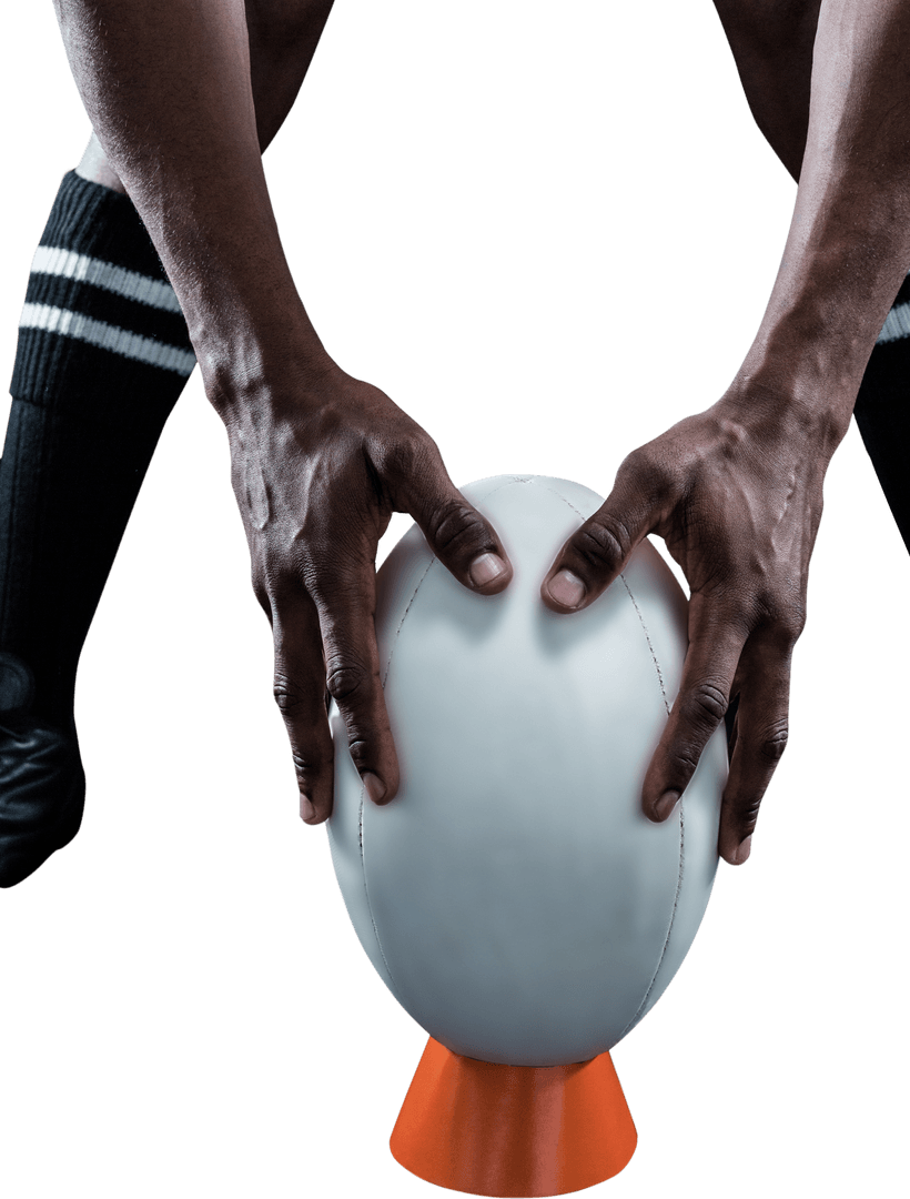 Transparent View of Rugby Player Preparing Ball on Kicking Tee