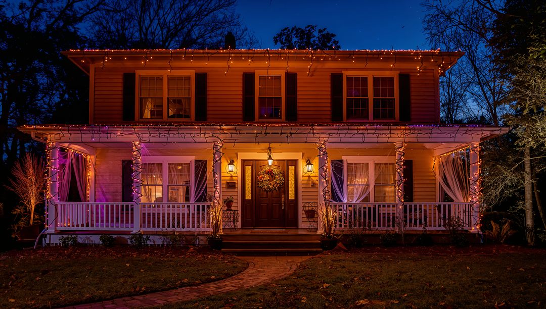 Charming Two-Story Home Brightly Lit with Festive String Lights