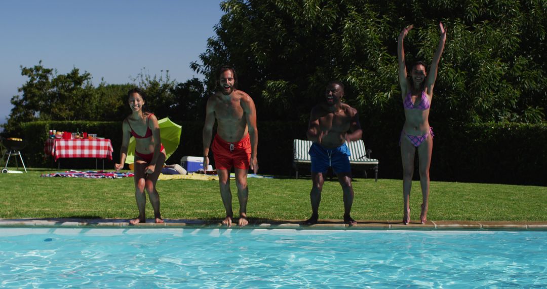 Group of Friends Jumping into Pool during Summer - Free Images, Stock Photos and Pictures on Pikwizard.com