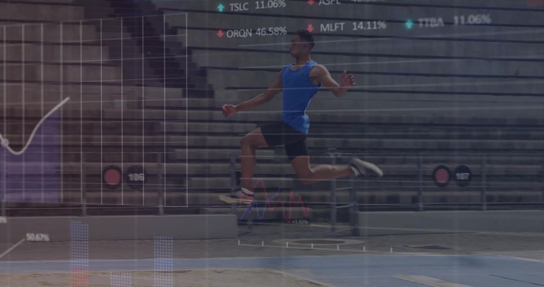 Athlete Performing Long Jump with Digital Data Overlay