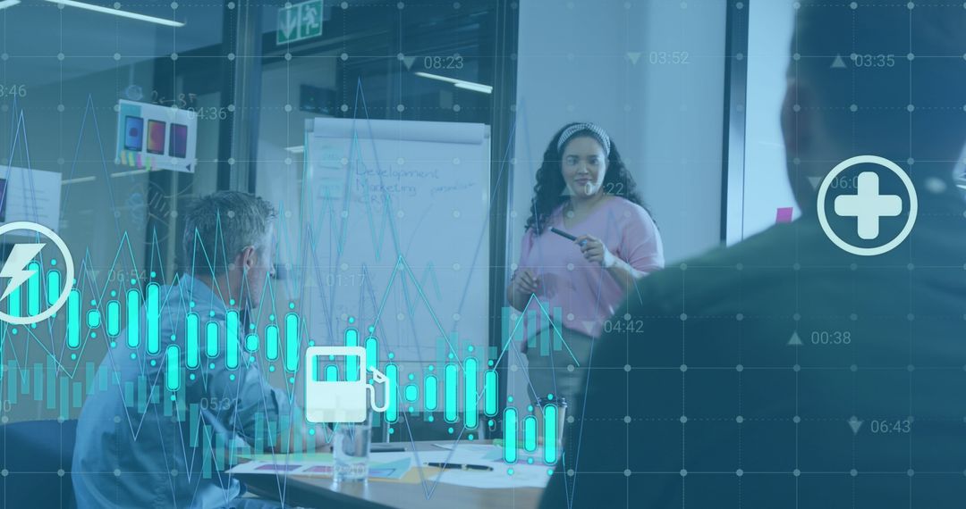 Diverse Team Meeting in Modern Office with Digital Overlays