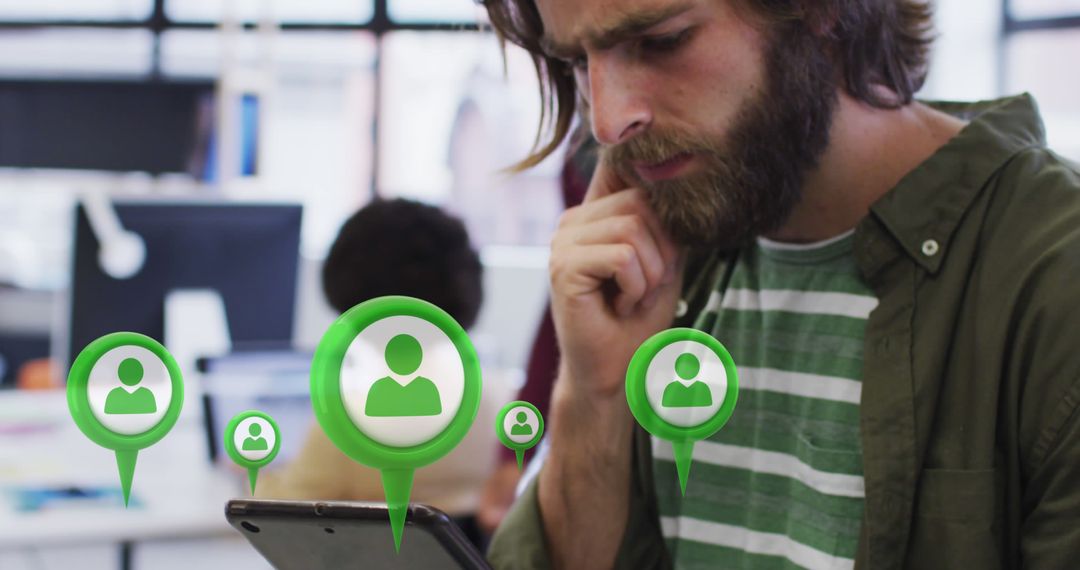 Businessman Using Tablet with Digital Media Icons Overlay