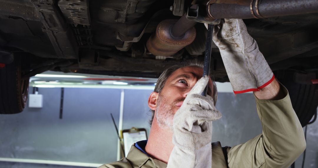 Mechanic Fixing Car Exhaust Underneath Vehicle in Auto Repair Shop - Free Images, Stock Photos and Pictures on Pikwizard.com