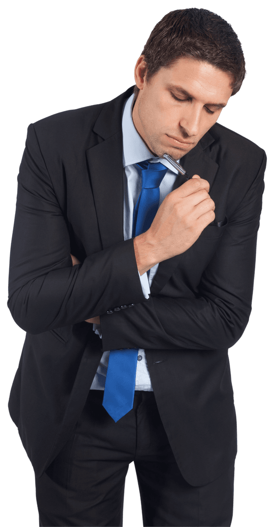 Contemplating Businessman on Transparent Background Holding Pen