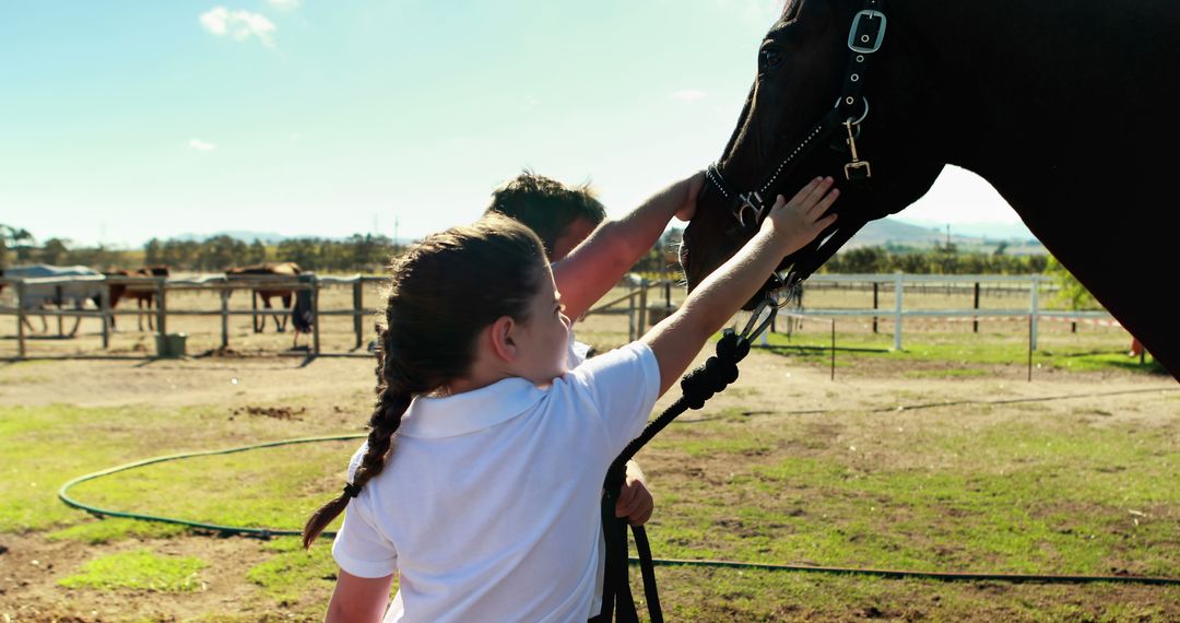 Children Petting Horse at Rural Farm on Sunny Day - Free Images, Stock Photos and Pictures on Pikwizard.com