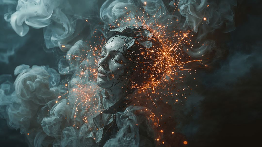 Surreal woman's bust with negative energy  cracked face amidst smoke and sparks