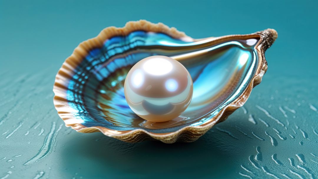 Luxurious Open Seashell with Gleaming Pearl on Teal Surface