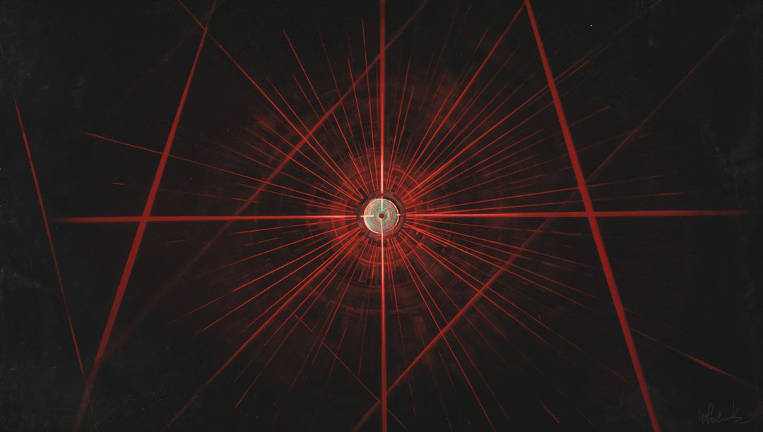 Radiating Red Energy Core Pulsing in Dark Void with Concentric Halo and Crosshair Grid