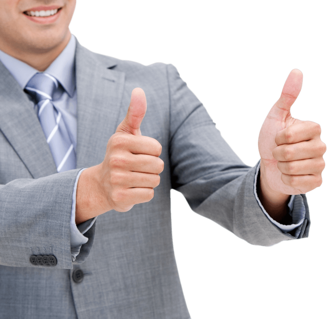 Businessman Giving Double Thumbs Up in Gray Suit, Transparent Background