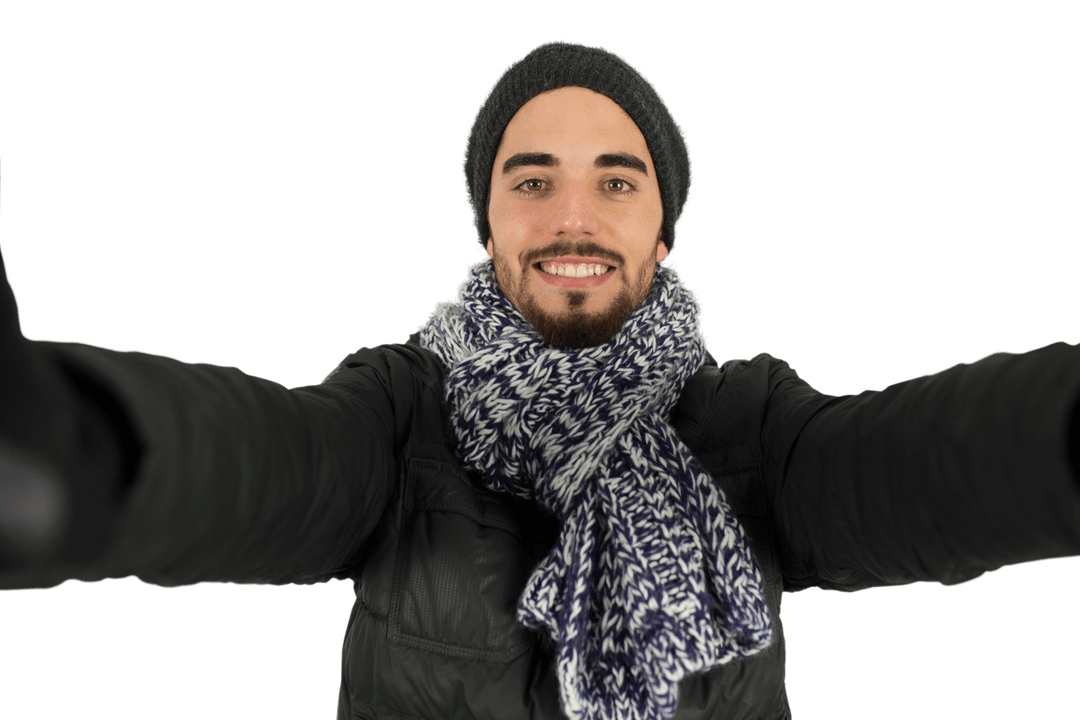 Smiling Caucasian Man in Winter Attire on Transparent Background