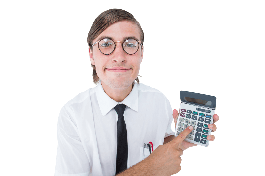Transparent Nerdy Businessman Displaying Calculator Enthusiastically