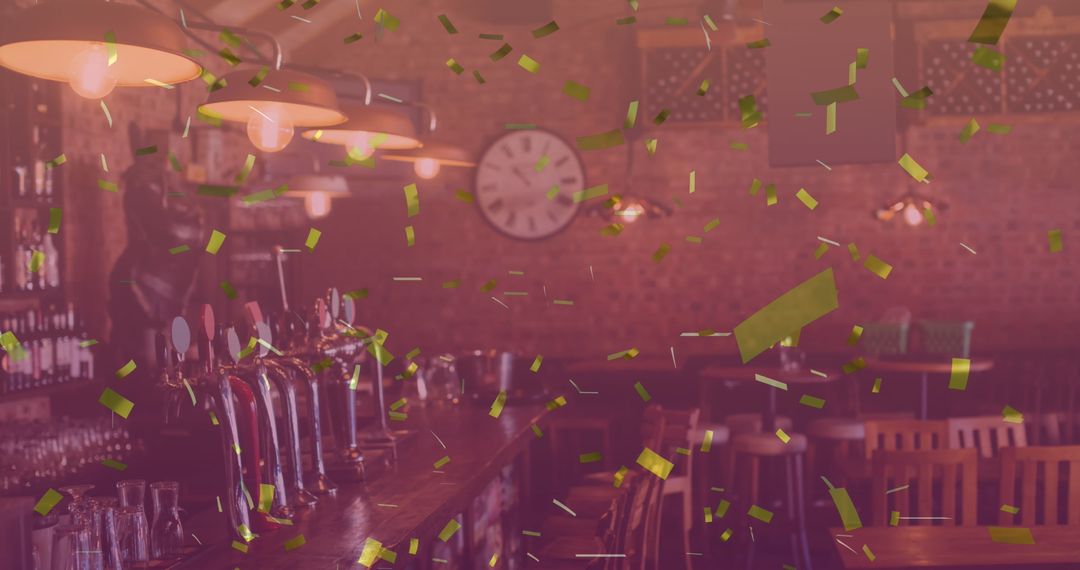 Celebratory Atmosphere in Empty Bar with Falling Gold Confetti