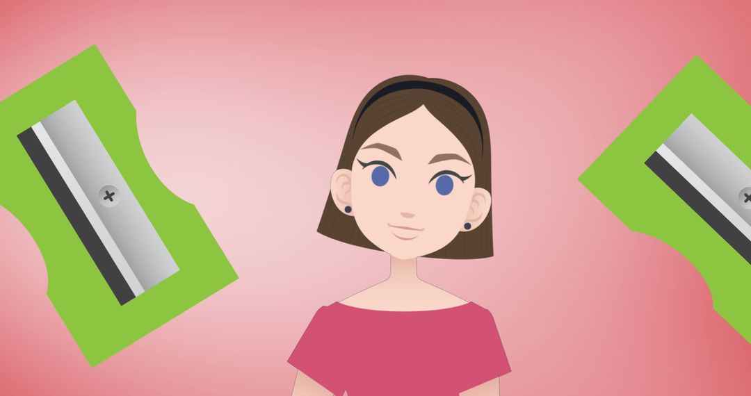 Cartoon Woman Engaging with Pencil Sharpeners on Pink Background
