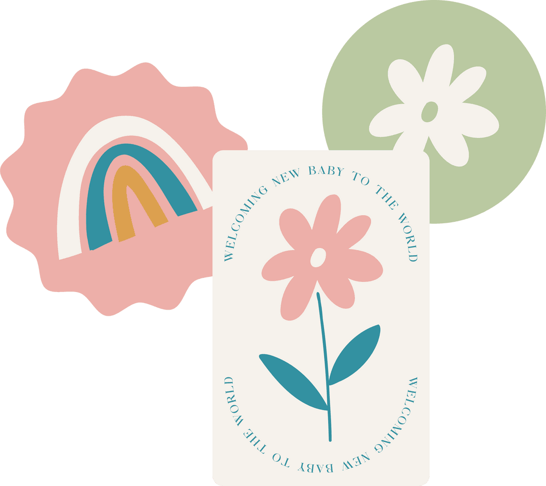 Transparent Minimalist Baby Card Design with Floral and Rainbow Motifs