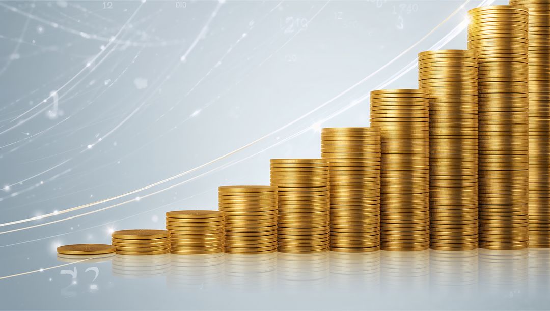 Ascending Stacks of Gold Coins with Digital Data Background