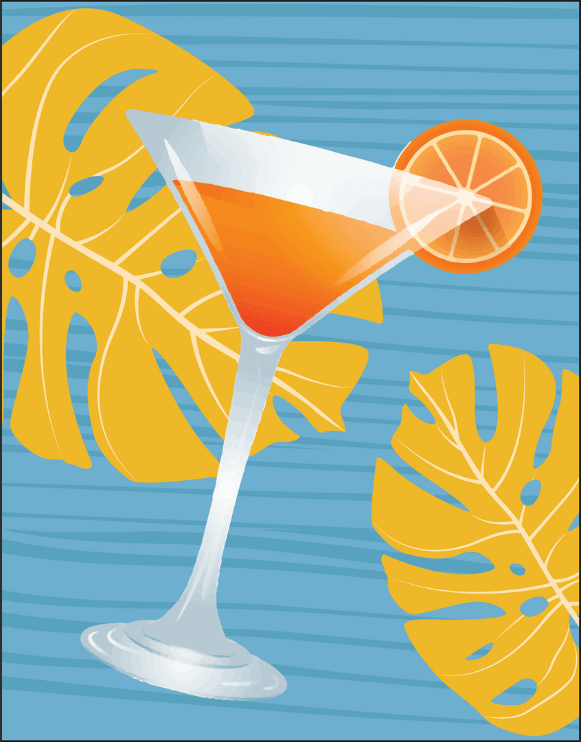 Transparent Cocktail with Orange Slice and Tropical Leaves