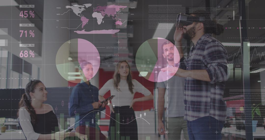 Diverse Team Analyzing Augmented Reality Data Projections in Modern Office