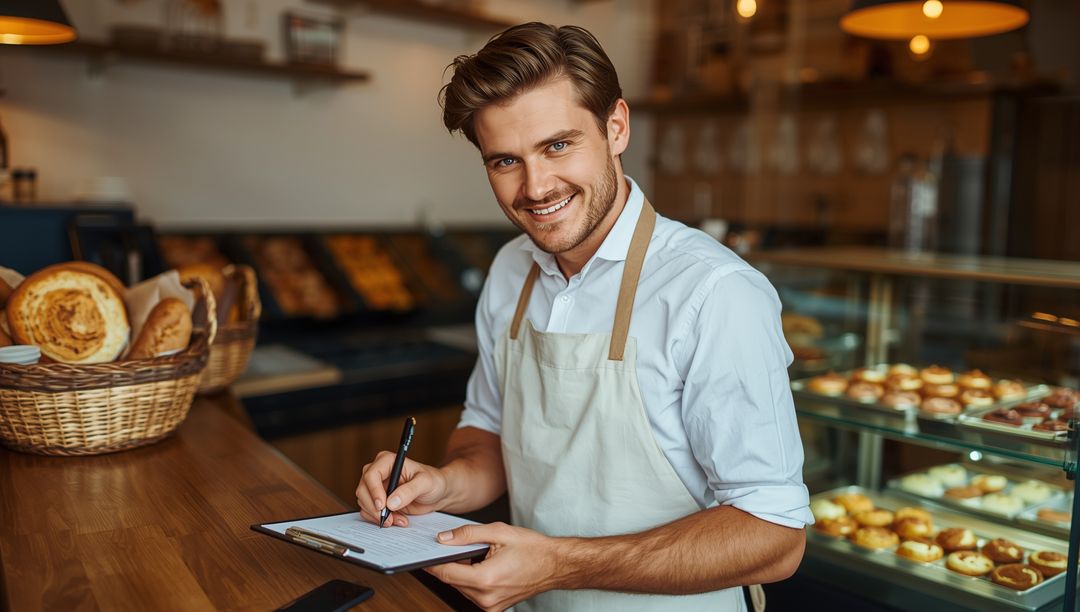 Smiling Baker Managing Orders Inside Artisan Bakery