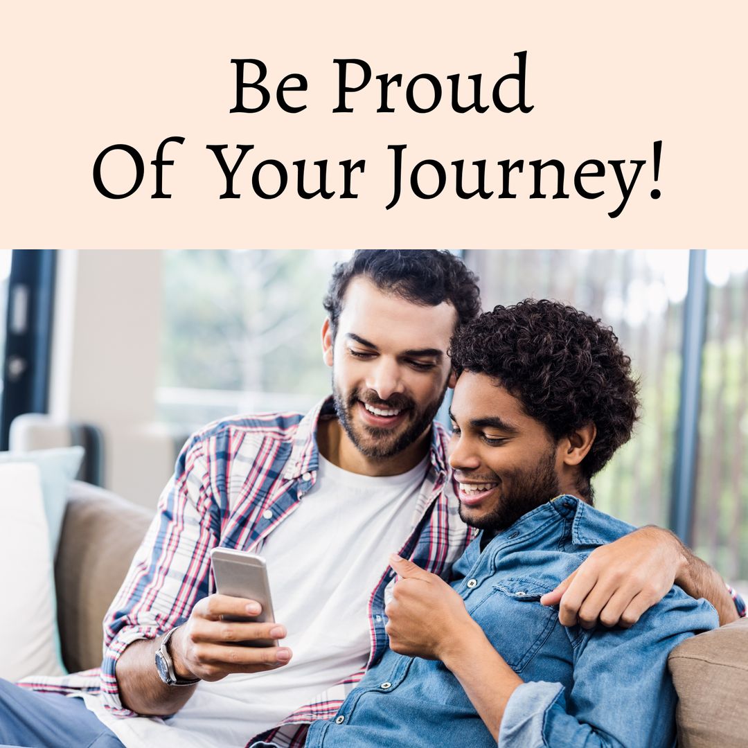 Happy LGBTQ Couple Engaging with Smartphone and Embracing Journey